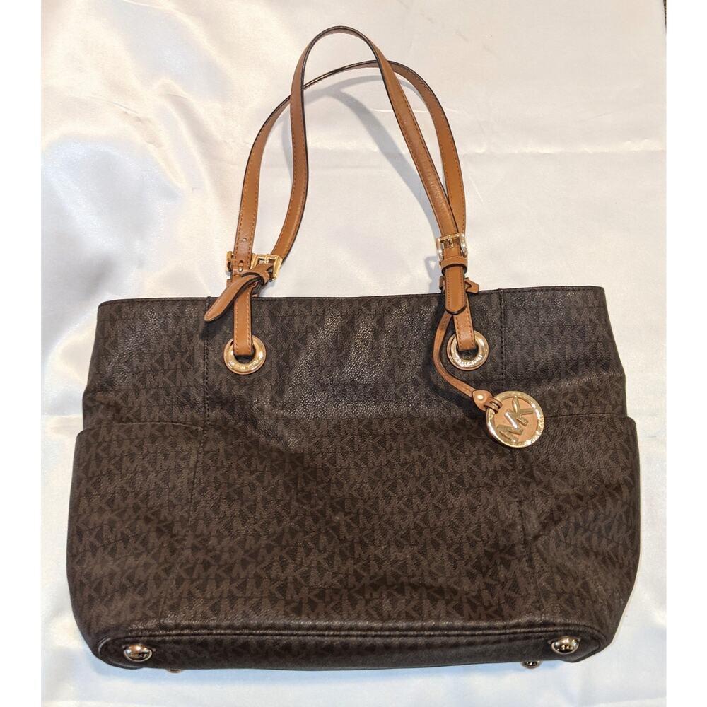 Michael Kors Signature Brown Coated Canvas Jet Set East West Tote Bag Purse